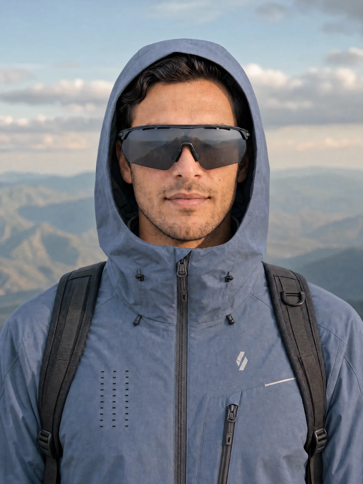 On-model outdoor image of technical apparel on a mountain ridge above a valley
