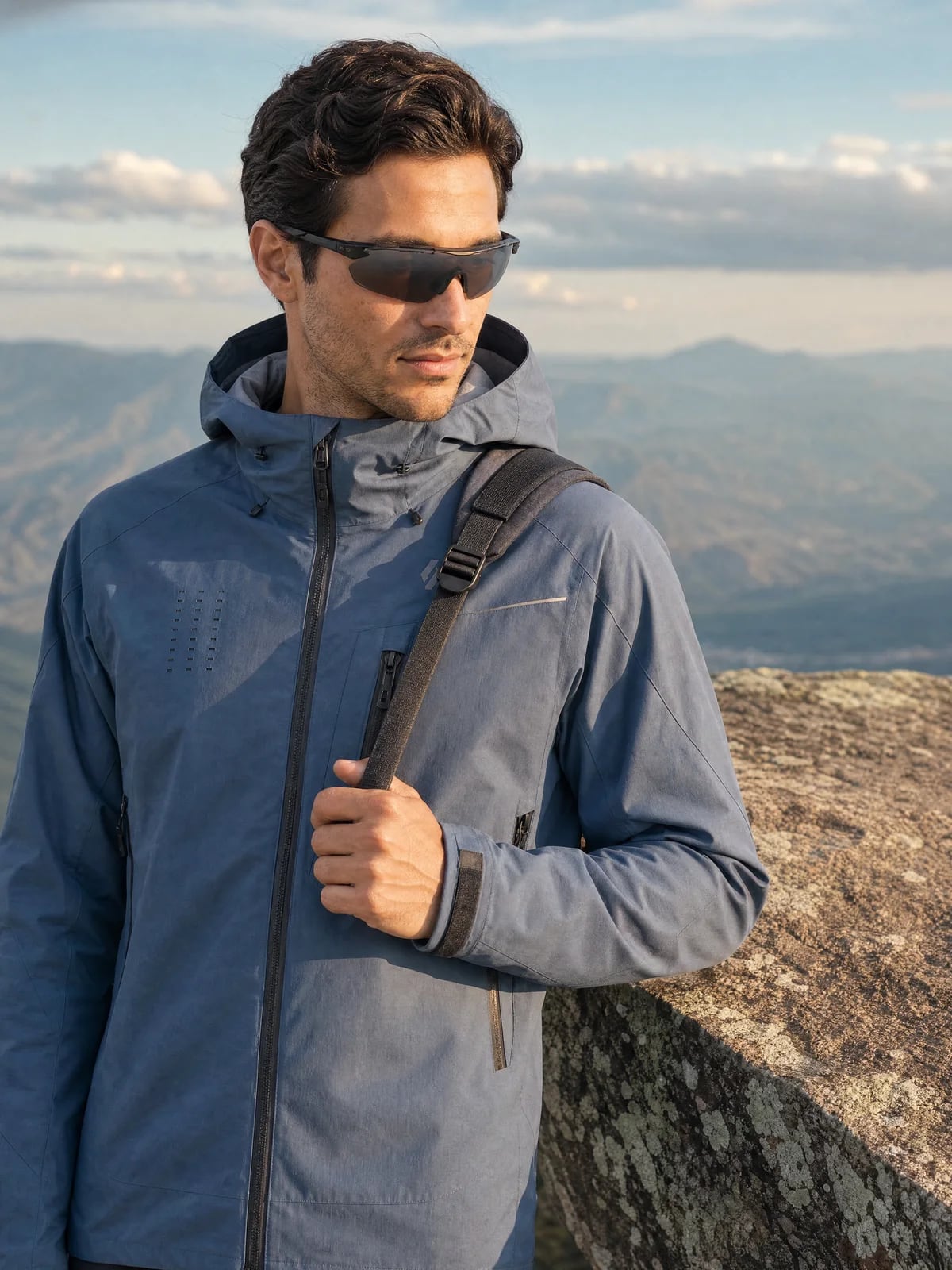 On-model outdoor image of technical apparel walking through a mountain landscape