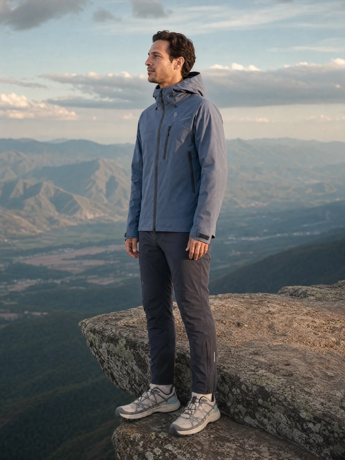 Seated on-model outdoor image of technical apparel on a rocky ledge