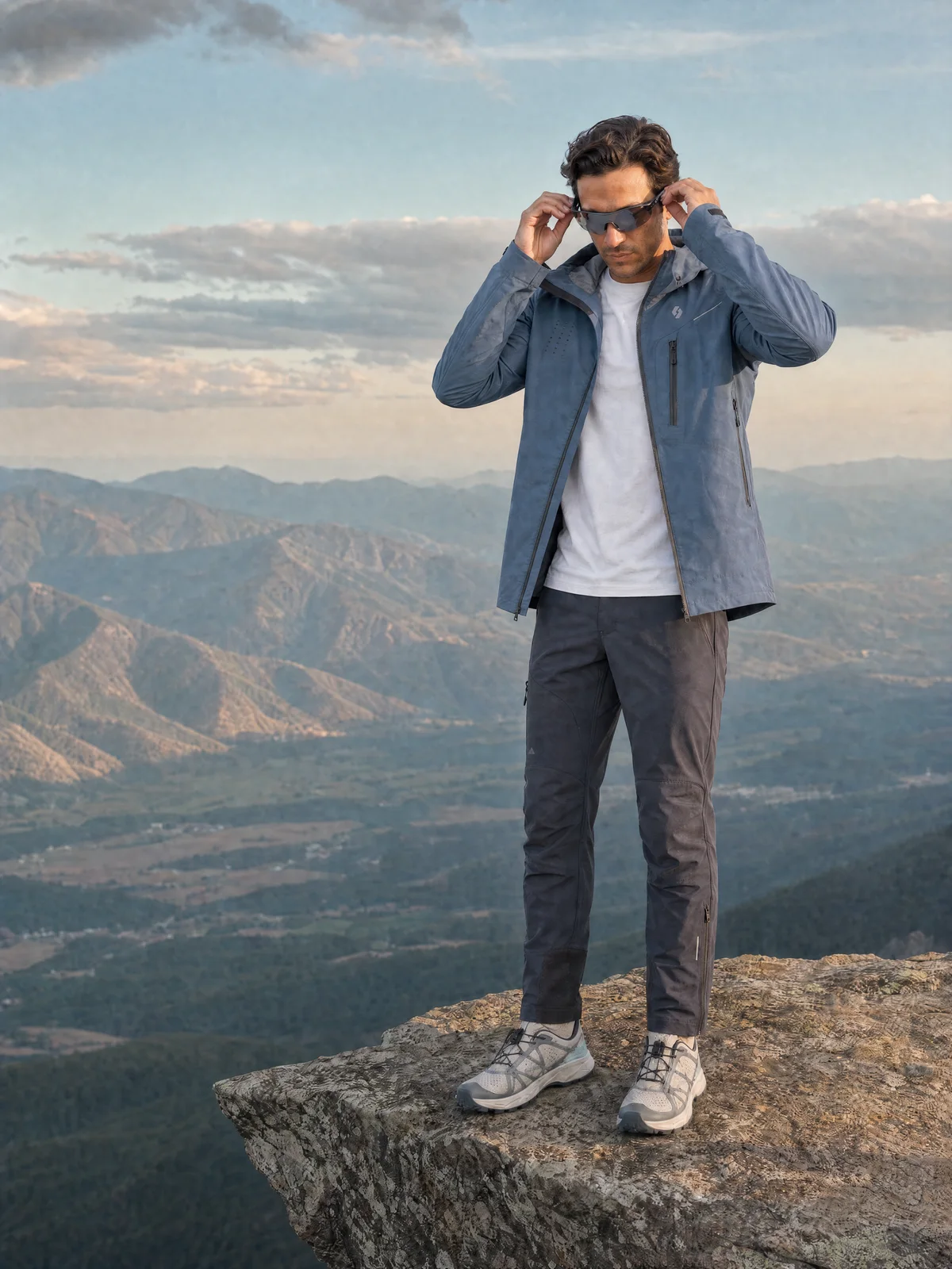 Close-up on-model image of technical apparel against a mountain landscape